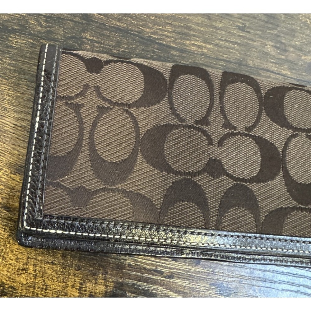Coach Checkbook Cover Signature Brown Logo Jacquard Fabric Leather Trim Wallet - Picture 5 of 14